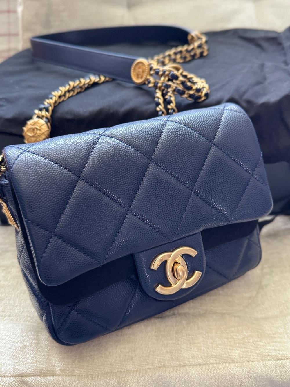 CHANEL Navy Quilted Caviar Double Flap Shoulder Bag with Gold Hardware